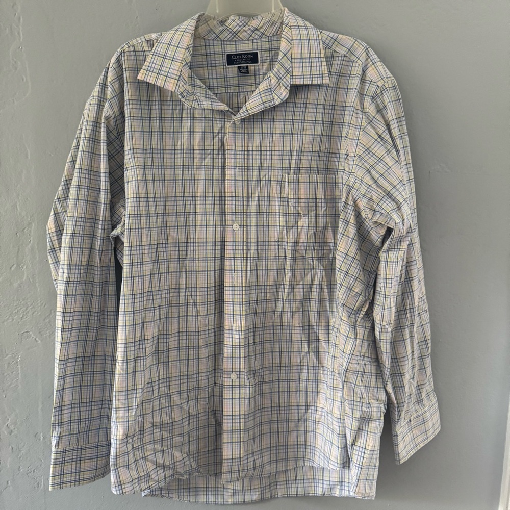 Club Room Regular Fit Performance Men's Checkered Shirt Blue, Yellow, and White